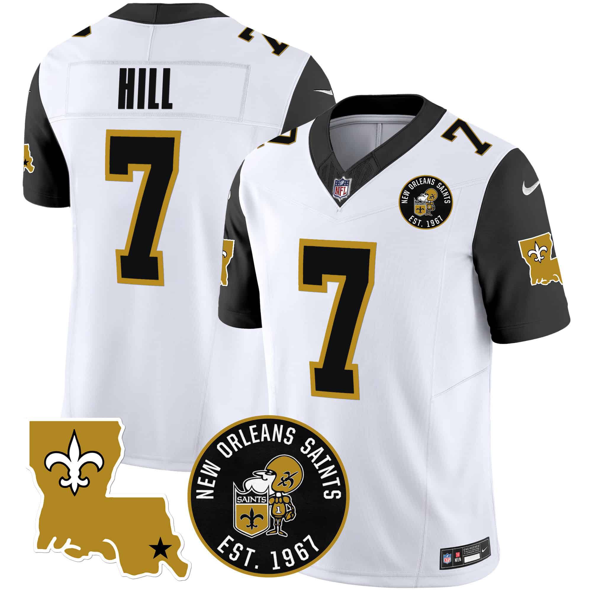 Men New Orleans Saints 7 Hill White 2024 Nike 1967 Patch Vapor Limited NFL Jersey style 2